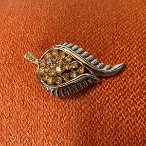 Elegant Rhinestone and Silvertone Leaf Brooch